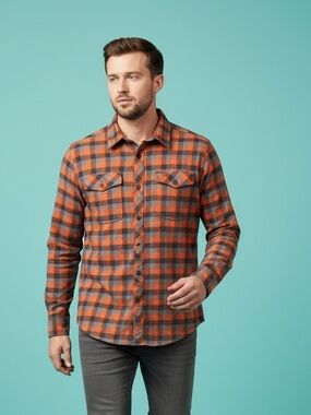 Helly Hansen Gray Orange Check Flannel Work Wear Shirt Size M